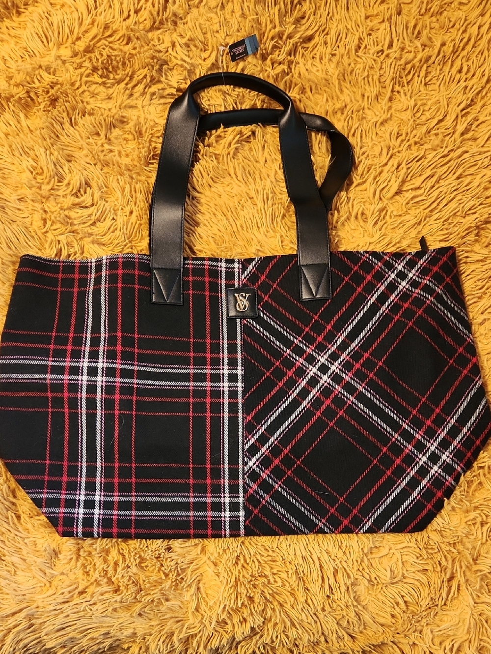 Victoria's Secret Black Plaid Tote with Red and White Trim FINAL PRICE